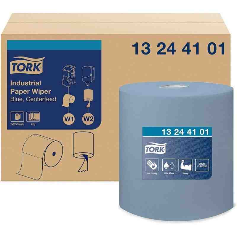 Tork® Advanced Industrial Paper Wiper, Centrefeed, 4-Ply, Blue, 375 Wipers/Roll, 2 Rolls/Case - [Cleaning Supplies Canada Discou