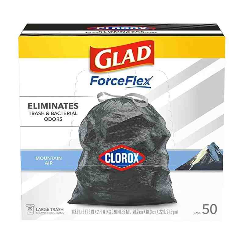 Glad® Large Drawstring Trash Bags ForceFlex with Clorox, 30 Gallon Black Trash Bags, 60 Bags/Pack, 4 Pack/Case - 1 - 30308 - 