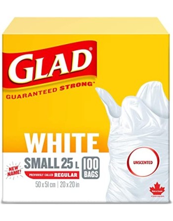 Glad,Garbage Bags, Small, White, Unscented, 25L, Case of 8x100ct - [Cleaning Supplies Canada Discounts] - 30297 - [DefendUse.com