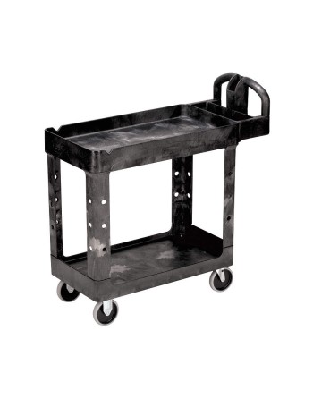 Rubbermaid FG450088BLA Black Small Lipped Two Lipped Shelf Utility Cart with Ergonomic Handle - [Cleaning Supplies Canada Discou