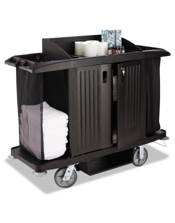 RUBBERMAID  Executive Full-Size Housekeeping Cart, 60" x 22" x 50", Plastic, Black - [DefendUse.com] - FG618900BLA - Housekeepin