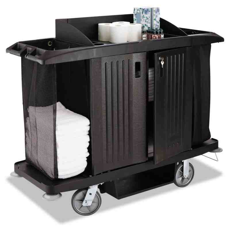 RUBBERMAID  Executive Full-Size Housekeeping Cart, 60" x 22" x 50", Plastic, Black - [DefendUse.com] - FG618900BLA - Housekeepin